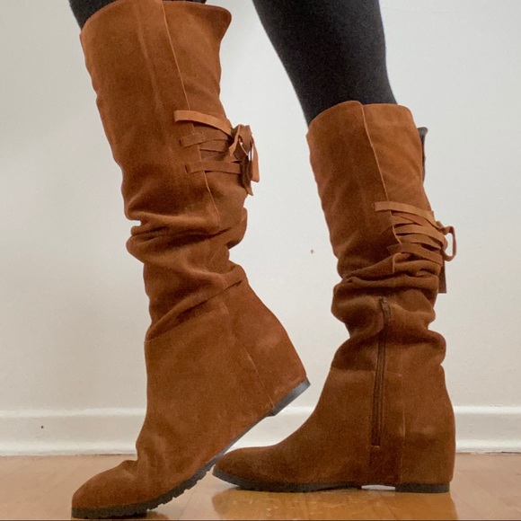 Suede Wedges Over The Knee Boots Size 8 - Picture 3 of 6